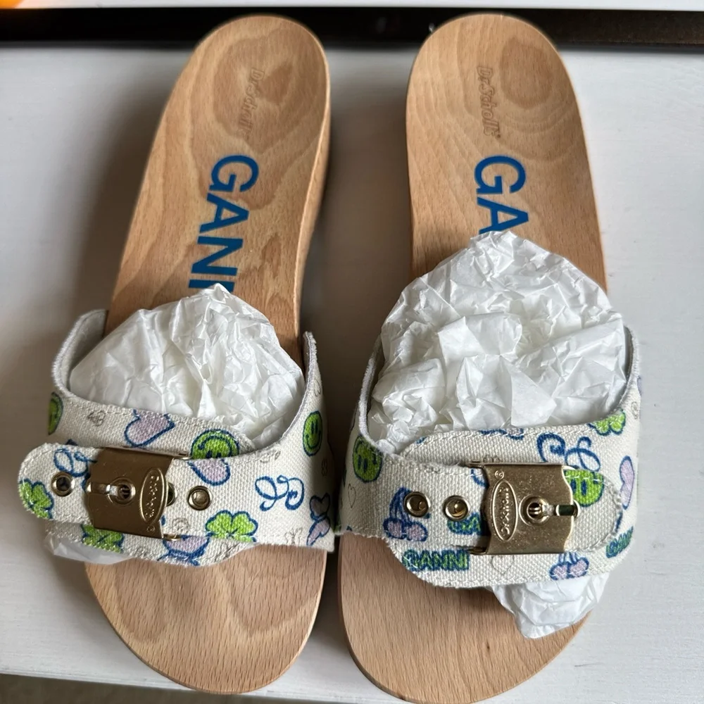 Ganni White Canvas Slide Sandals with Multicolor Print - Picture 2 of 4